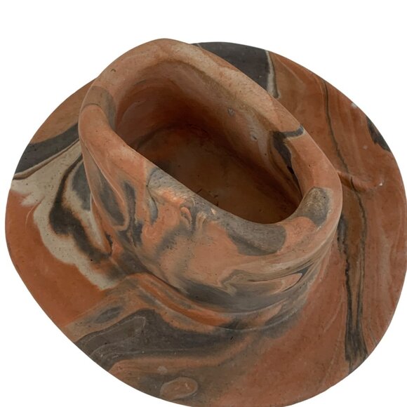Handcrafted Terracotta Marble Swirl Hat Sculpture Trinket Planter Texas Camanche - Picture 9 of 10